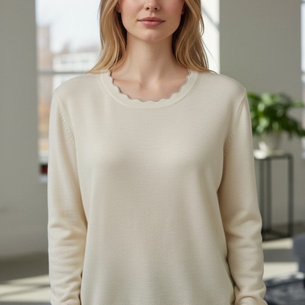 Banana Republic Cream Scalloped Crew Neck Sweater Large Petite - Picture 15 of 15